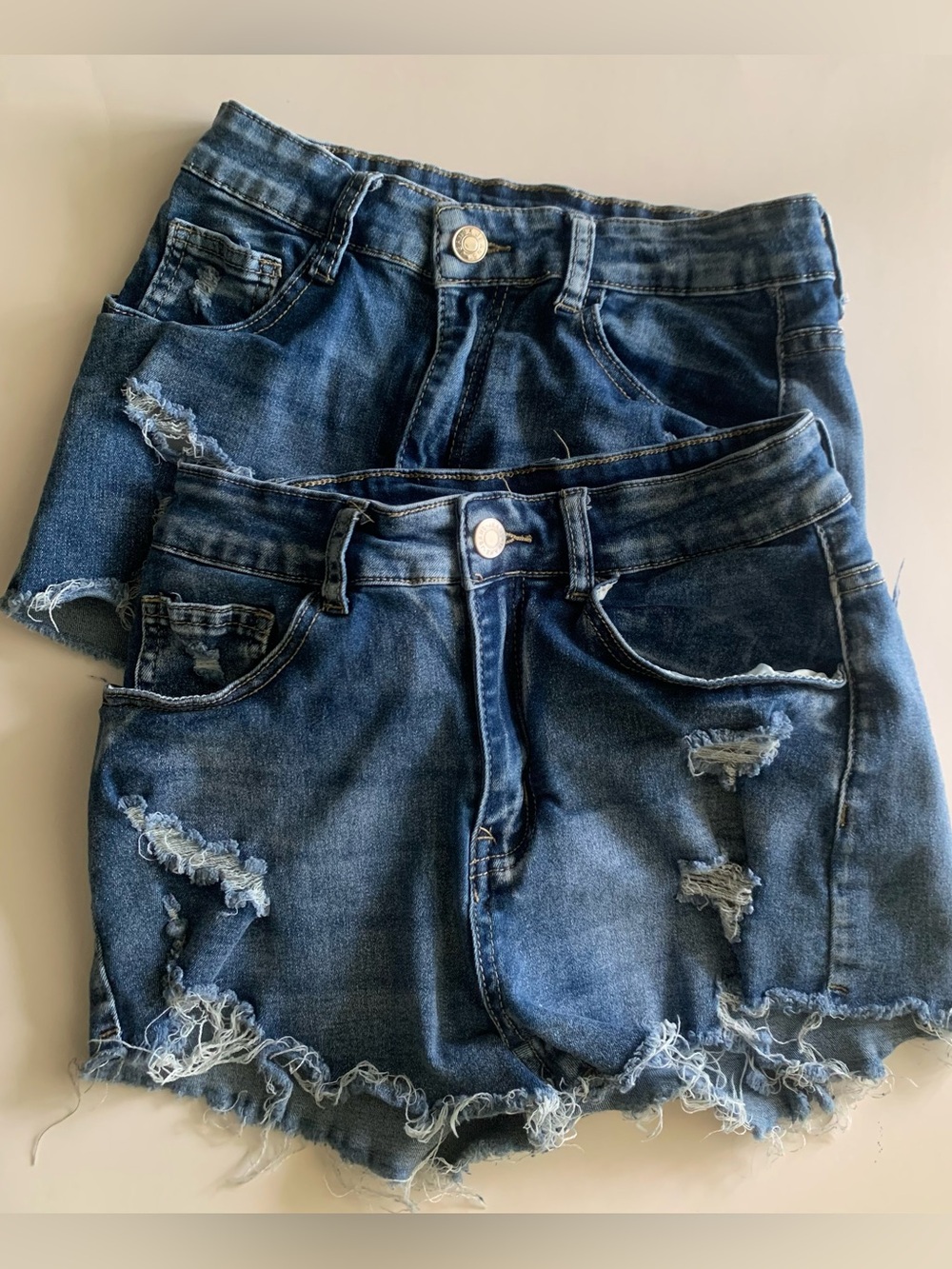 SHEIN Distressed Cut Off Denim Shorts Blue Frayed Hem Stretch TWO Size S